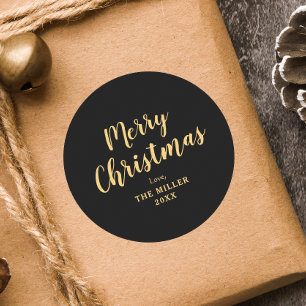 Modern Elegant Black Merry Christmas Family  Classic Round Sticker