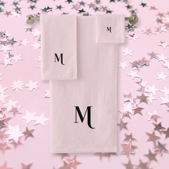 Modern Elegant Black Monogram Initial Pastel Pink Bath Towel Set (Modern Elegant Black Monogram Initial Pastel Pink Bath Towel Set)