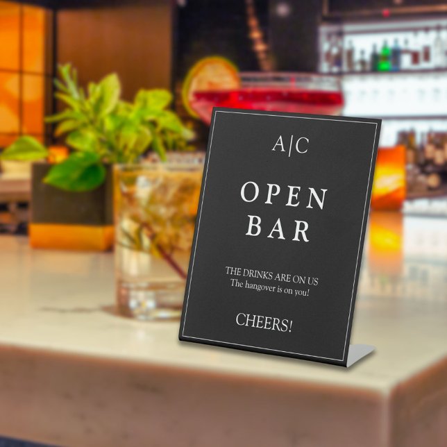  Modern Elegant Black Monogram Wedding Bar Pedestal Sign (Creator Uploaded)