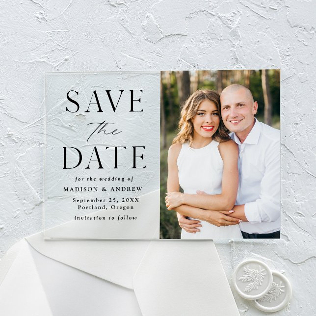 Modern Elegant Black Photo Save the Dat Acrylic Invitations (Creator Uploaded)