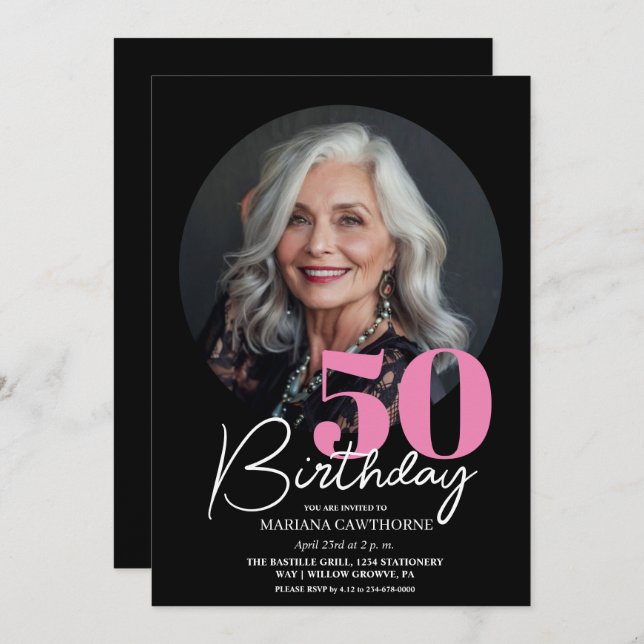 Modern Elegant Black Pink 50th Birthday Party  Invitation (Front/Back)