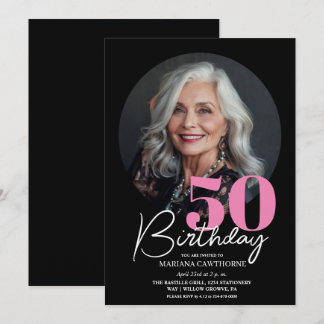 Modern Elegant Black Pink 50th Birthday Party  Invitation