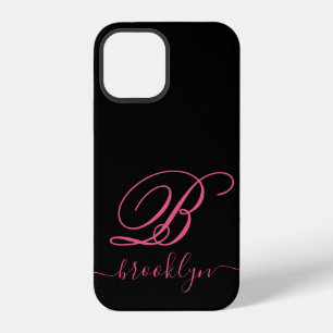 Modern Elegant Black Pink Handwritten Monogrammed iPhone 12 Case