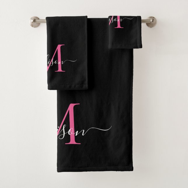 Modern Elegant Black Pink Monogram Script Name Bath Towel Set (Insitu)