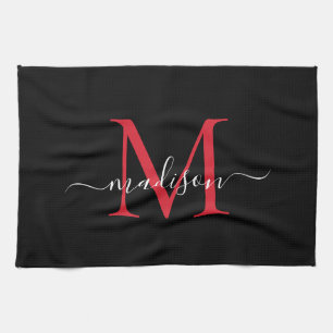 Modern Elegant Black Red Burgundy Monogram Script Tea Towel