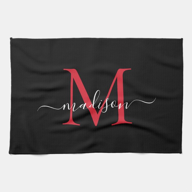 Modern Elegant Black Red Burgundy Monogram Script Tea Towel (Horizontal)