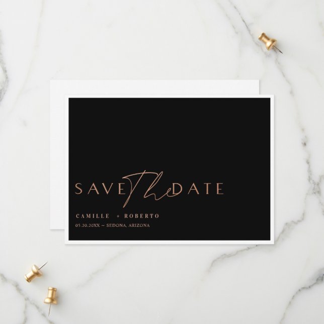 Modern & Elegant Black & Rose Blush Gold Script Save The Date (Front/Back In Situ)