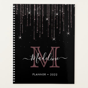 Modern Elegant Black Rose Gold Glitter Monogram Planner