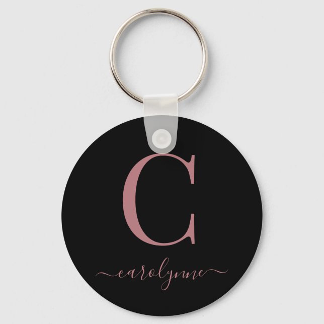Modern Elegant Black Rose Gold Monogram Script Key Ring (Front)