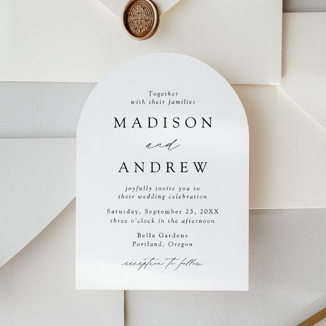 Modern Elegant Black Script Arch Wedding Invitation (Creator Uploaded)