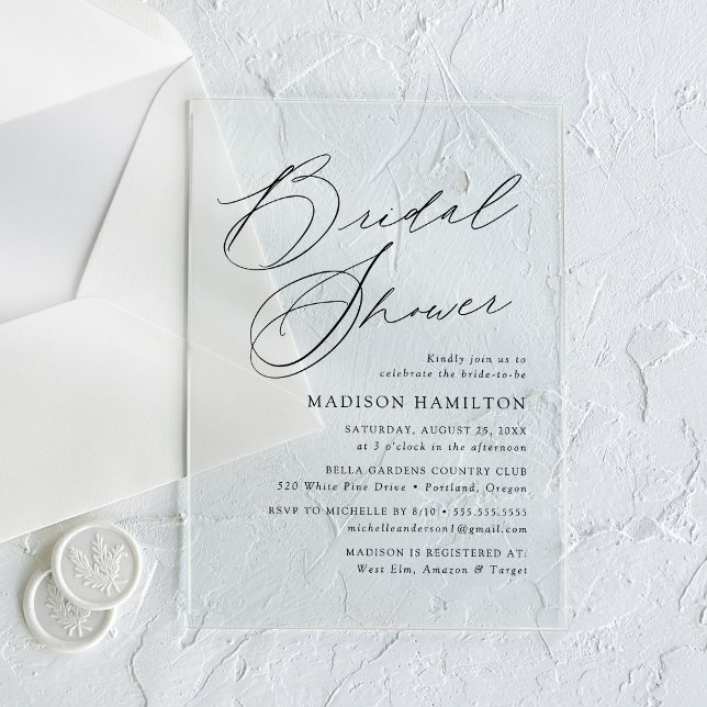 Modern Elegant Black Script Bridal Shower Acrylic Invitations (Creator Uploaded)