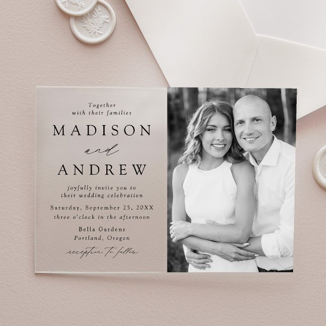 Modern Elegant Black Script Photo Wedding Acrylic Invitations (Creator Uploaded)