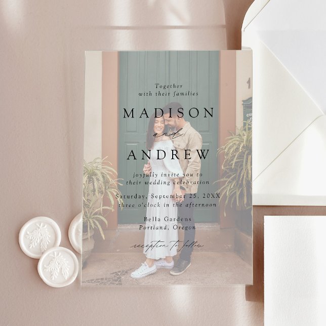 Modern Elegant Black Script Photo Wedding Acrylic Invitations (Creator Uploaded)