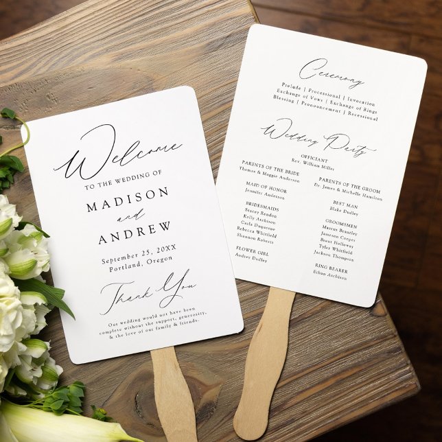 Modern Elegant Black Script Wedding Program Hand Fan (Creator Uploaded)