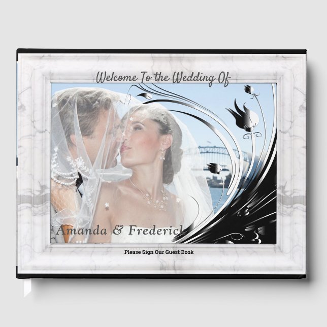 Modern Elegant Black Silhouette on White Marble Guest Book (Front)