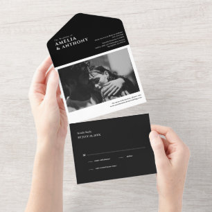 Modern Elegant Black simple 1 Photo RSVP Wedding  All In One Invitation