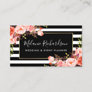 Modern Elegant Black Striped Coral Floral Business Card
