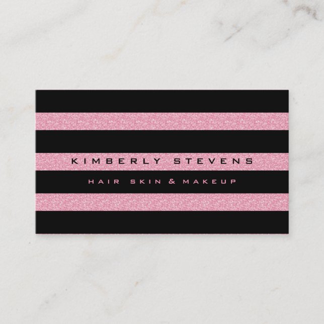 Modern Elegant Black Stripes & Pink Glitter 2 Business Card (Front)