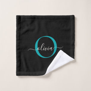 Modern Elegant Black Teal Monogram Script Name Bath Towel Set