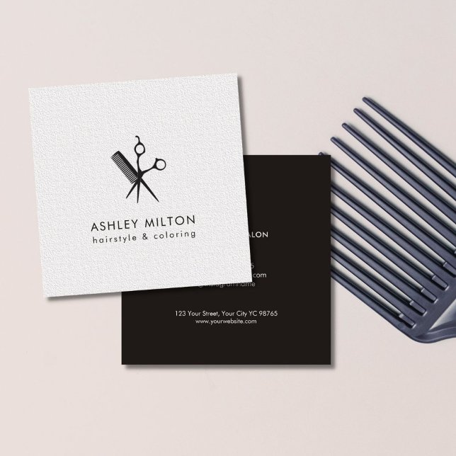 Modern Elegant Black Texture White Hair Stylist Square Business Card (Creator Uploaded)