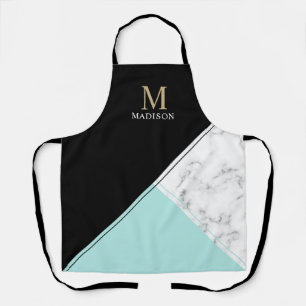 Modern elegant black turquoise marble monogram apron