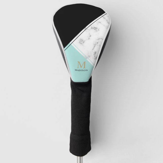 Modern elegant black turquoise marble monogram golf head cover (Front)