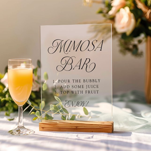 Modern Elegant Black Typography Wedding Mimosa Bar Acrylic Sign (Please note: The wooden stand does not come with the sign. Zazzle sells a similar wood block stand.)