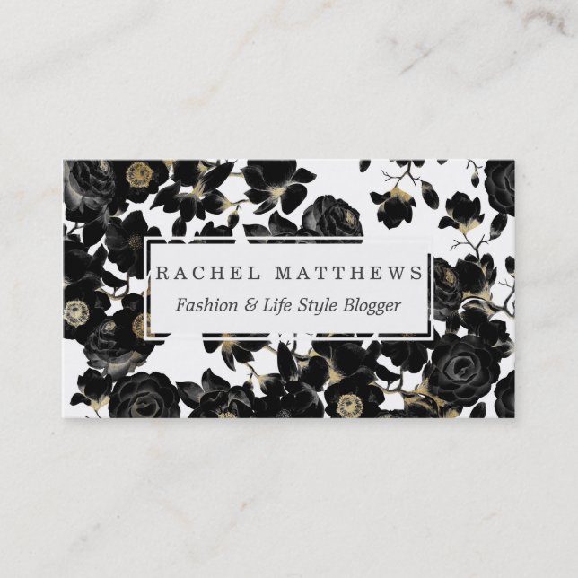 Modern Elegant Black White and Gold Floral Pattern Business Card (Front)