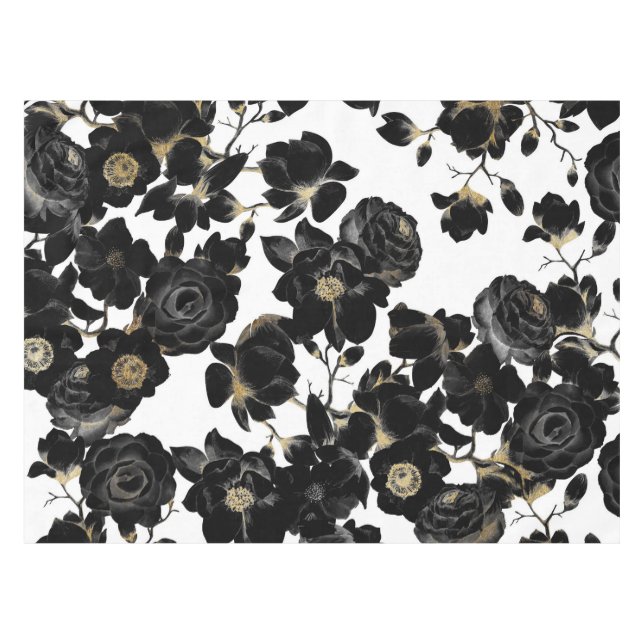 Modern Elegant Black White and Gold Floral Pattern Tablecloth (Front (Horizontal))