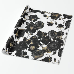 Modern Elegant Black White and Gold Floral Pattern Wrapping Paper