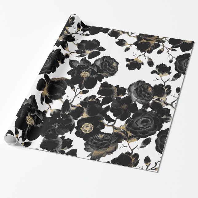 Modern Elegant Black White and Gold Floral Pattern Wrapping Paper (Unrolled)
