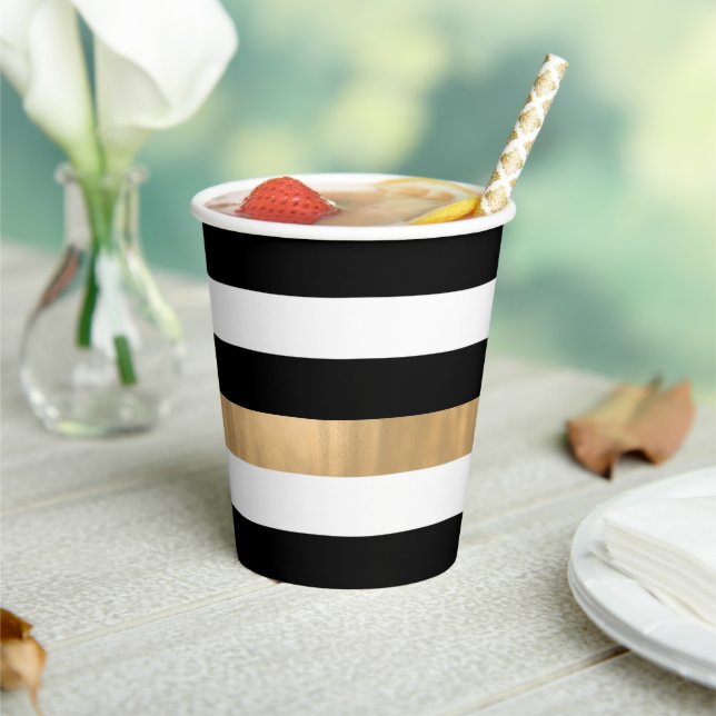 Modern Elegant Black, White and Gold Striped Paper Cups (Insitu)
