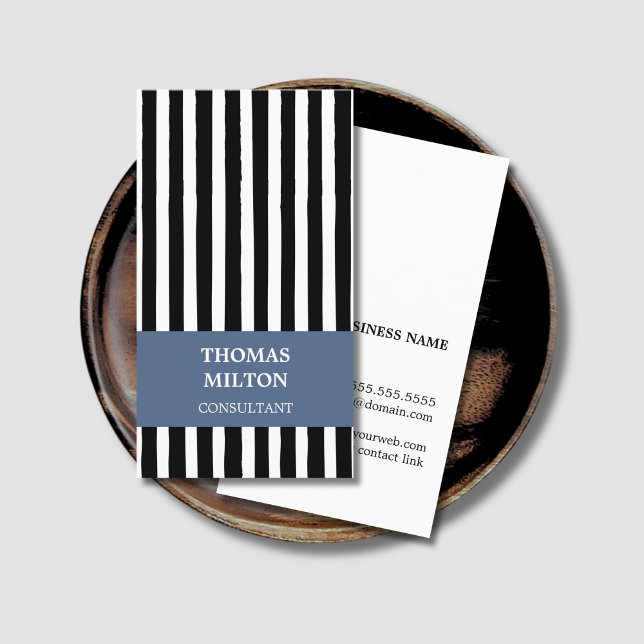 Modern Elegant Black White Blue Stripes Consultant Business Card (Creator Uploaded)
