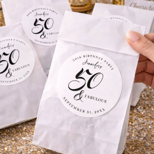 Modern Elegant Black White Fifty Fabulous Birthday Classic Round Sticker