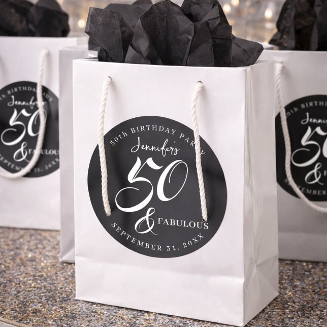 Modern Elegant Black White Fifty Fabulous Birthday Classic Round Sticker (Creator Uploaded)