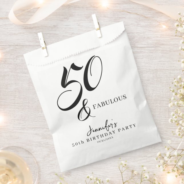 Modern Elegant Black White Fifty Fabulous Birthday Favour Bag (Clipped)