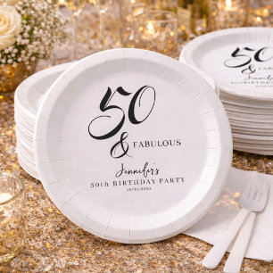 Modern Elegant Black White Fifty Fabulous Birthday Paper Plate