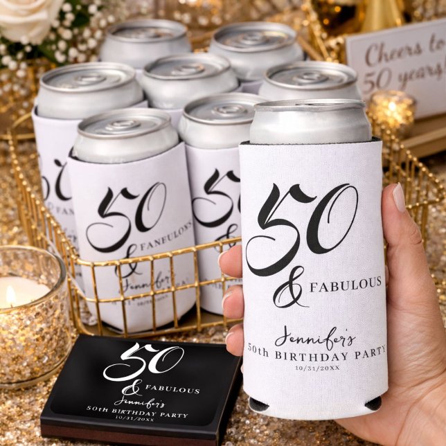 Modern Elegant Black White Fifty Fabulous Birthday Seltzer Can Cooler (Creator Uploaded)