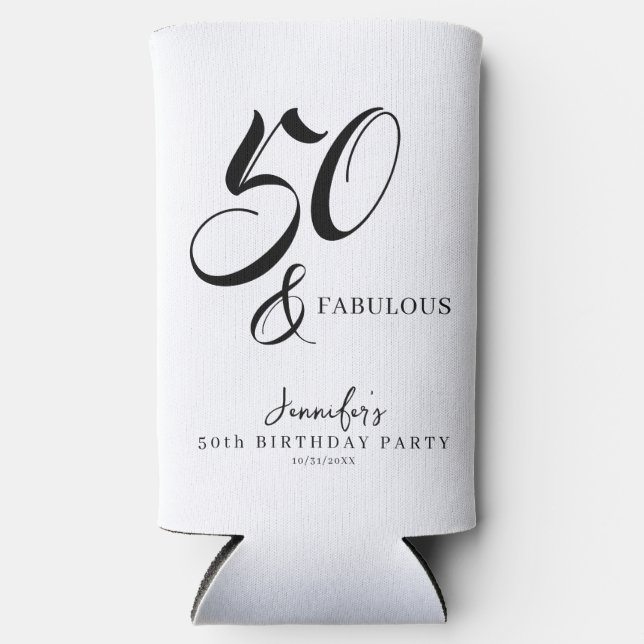 Modern Elegant Black White Fifty Fabulous Birthday Seltzer Can Cooler (Front)