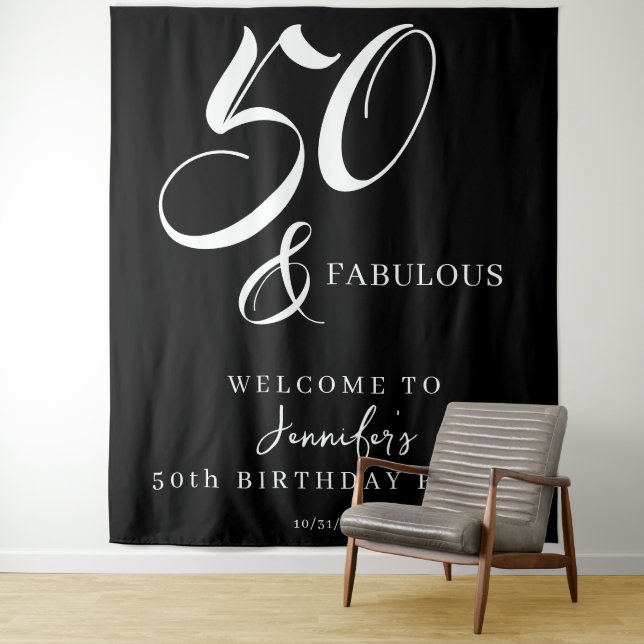 Modern Elegant Black White Fifty Fabulous Birthday Tapestry (In Situ)
