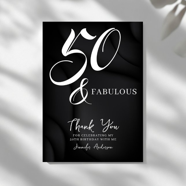 Modern Elegant Black White Fifty Fabulous Birthday Thank You Card (Creator Uploaded)