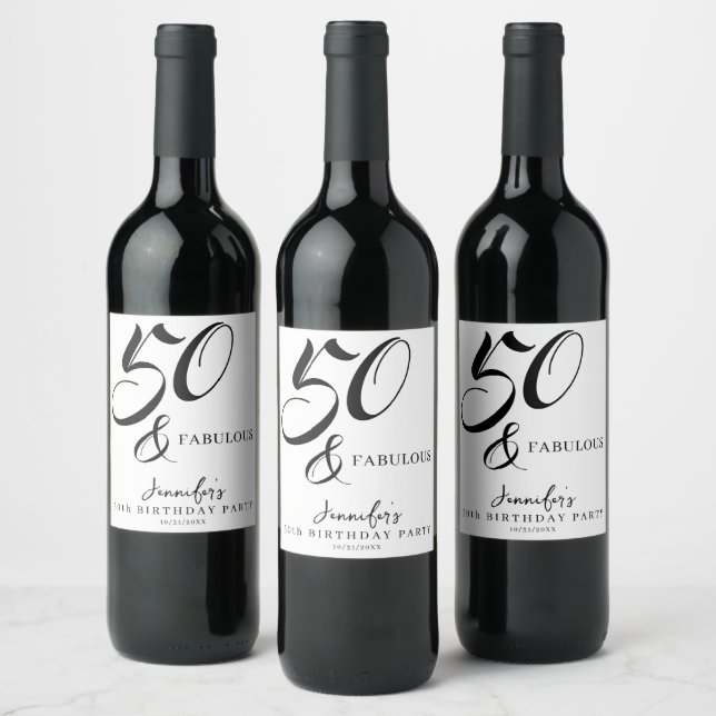 Modern Elegant Black White Fifty Fabulous Birthday Wine Label (Bottles)