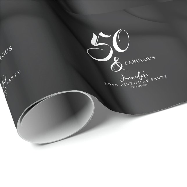 Modern Elegant Black White Fifty Fabulous Birthday Wrapping Paper (Roll Corner)