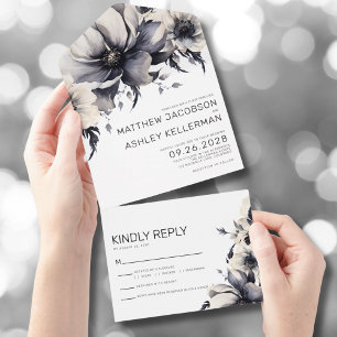 Modern Elegant Black White Floral Wedding All In One Invitation