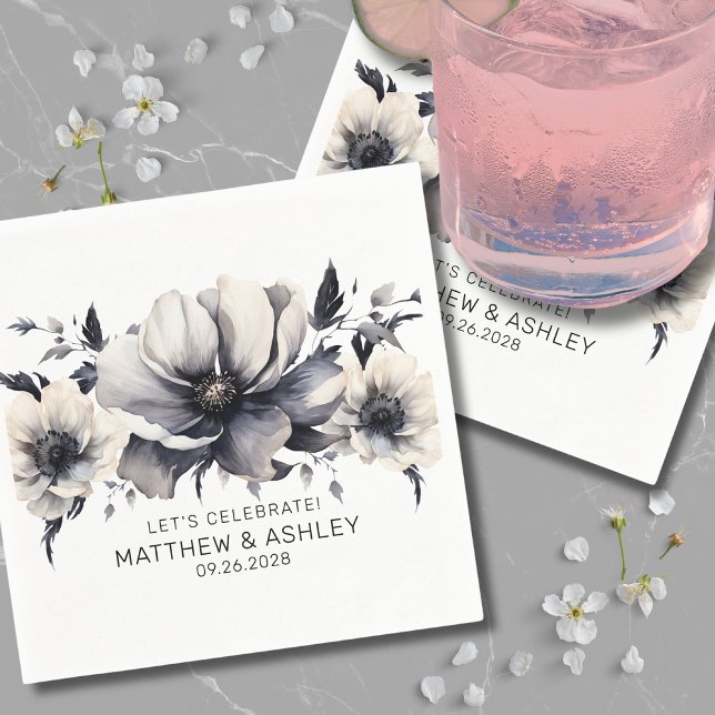 Modern Elegant Black White Floral Wedding Napkin (Stylish Elegant Boho Floral Black White Wedding Napkins)