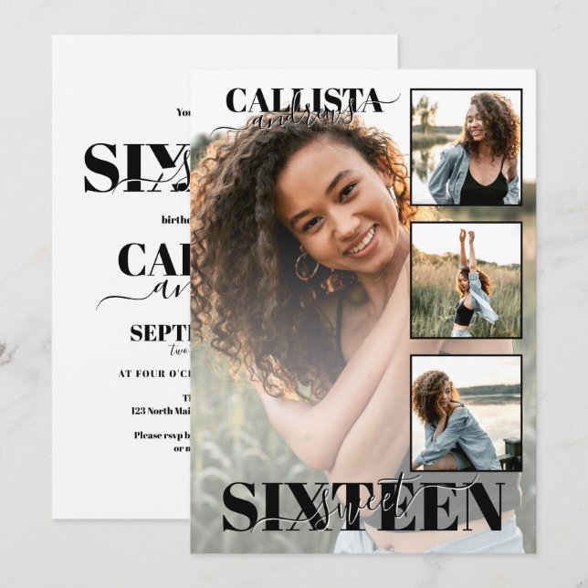 Modern Elegant Black White Four Photo Sweet 16 Invitation (Front/Back)