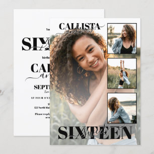 Modern Elegant Black White Four Photo Sweet 16 Invitation