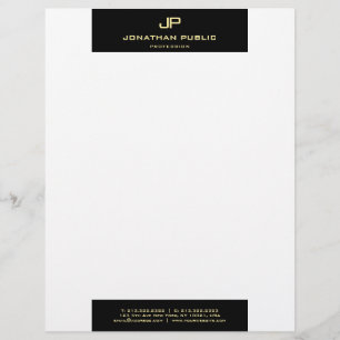 Modern Elegant Black White Gold Monogram Simple Custom Letterhead