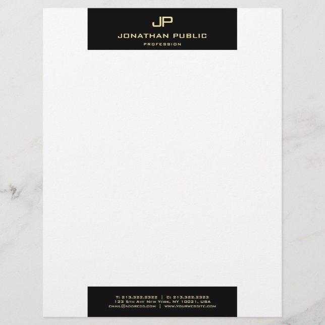 Modern Elegant Black White Gold Monogram Simple Custom Letterhead (Front)