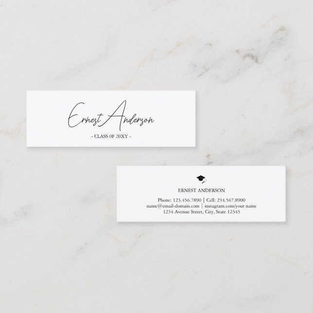 Modern Elegant Black & White Graduation Name Card (Front/Back)
